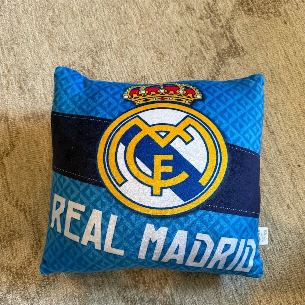Real Madrid CF Throw Pillow Blue Reversible Crest Logo & Team Photo Square